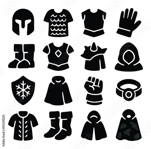 Medieval armor silhouette icon collection. knight, battle, and combat symbols set