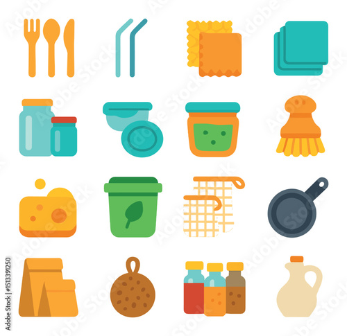 Household and kitchen flat icon collection. home essentials and utensils set