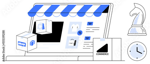 Digital storefront on laptop with shop icon, delivery box, product images, chess knight, and clock. Ideal for e-commerce, strategy, online shopping, planning logistics marketing and business