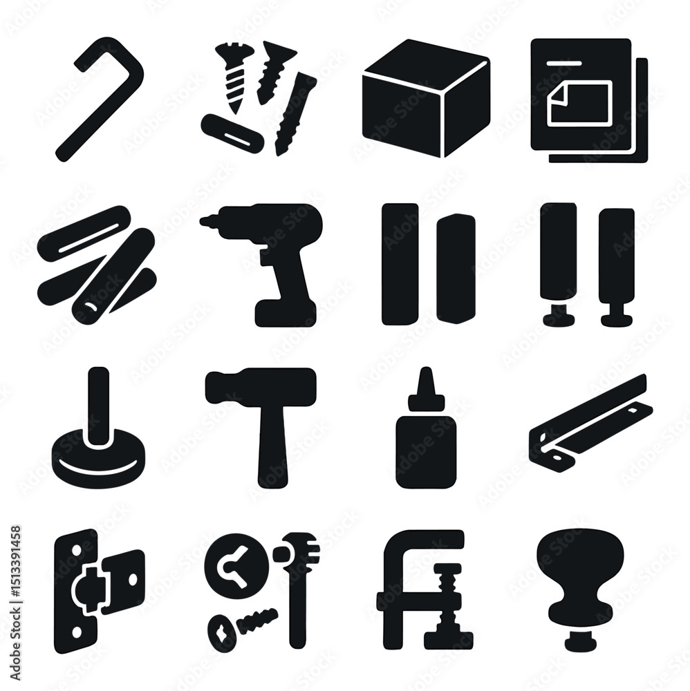 Obraz premium Hardware tools silhouette icon collection: diy, construction, repair essentials
