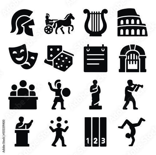 Ancient rome silhouette icon collection. historic, classical symbols set.