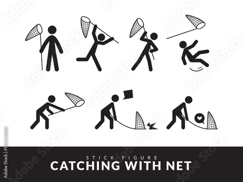 Stickman is trying to catch with net. Isolated Vector Illustration. Stick Figure Illustration.
