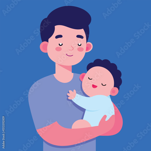 Blushing dad holding a sleeping kawaii baby tender parenting vector illustration