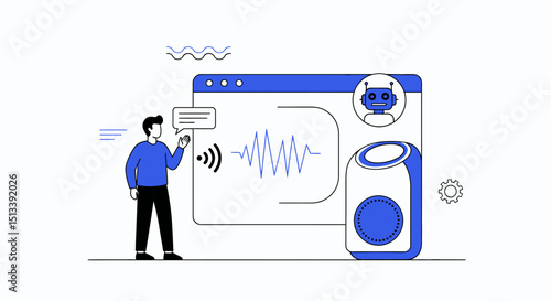 Conceptual illustration of human interacting with voice assistant technology through smart speaker and chatbot interface
