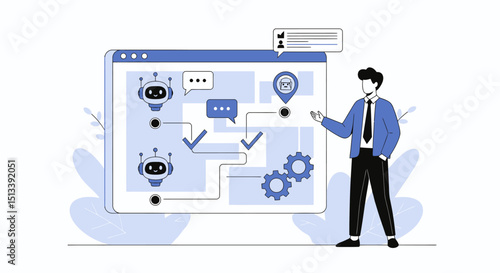Conceptual illustration of chatbot interaction and process automation in digital workspace