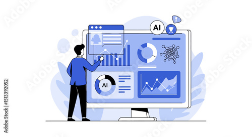 Person analyzing artificial intelligence data and graphs on a large computer screen for business insights and technology trends