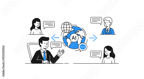 Illustration of global communication and artificial intelligence connecting diverse people remotely