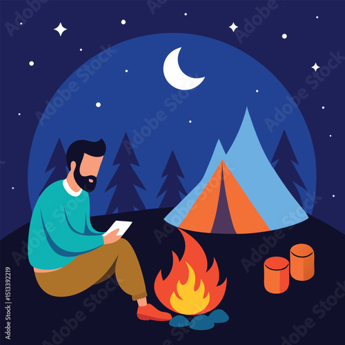 Camping dad telling stories by firelight under starry night bonding moment vector illustration