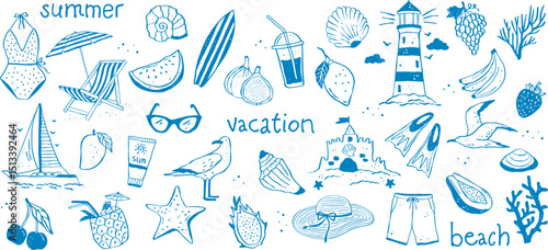 Set of vector illustrations hand drawn beach theme and accessories for vacation at sea. Vector illustration in doodle style.