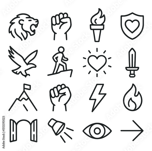 Motivational and inspirational linear icon collection. empowerment, success symbols