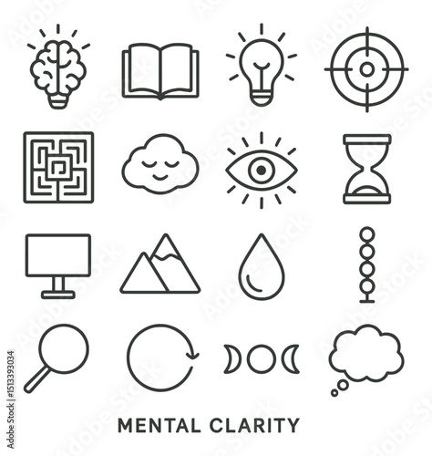 Mental clarity linear style icon collection. mindfulness, focus, and meditation set