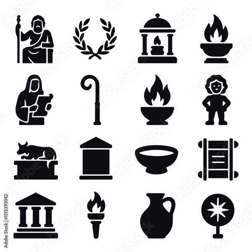 Ancient greece icon collection: silhouette style with historical and mythological symbols