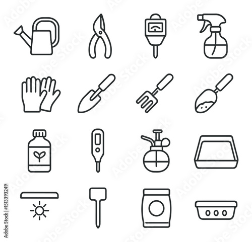 Gardening tools icon collection: flat, linear and silhouette styles for horticulture design