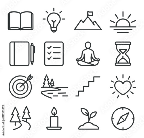 Life and meditation linear style icon collection. wellness and mindfulness symbols