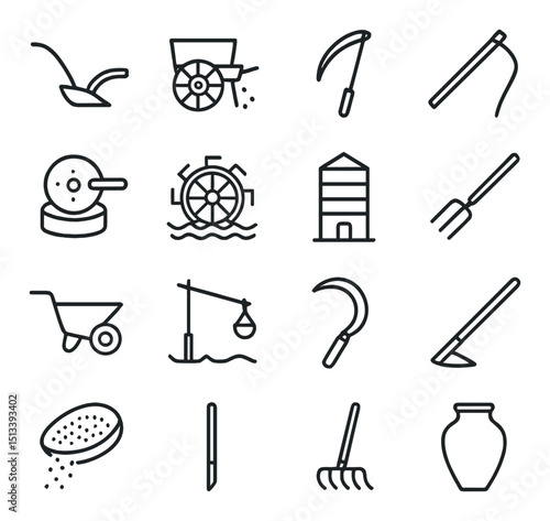 Agriculture and farming icon collection: linear style, cultivation and harvest symbols