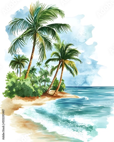 Tropical watercolor island with palm trees and waves