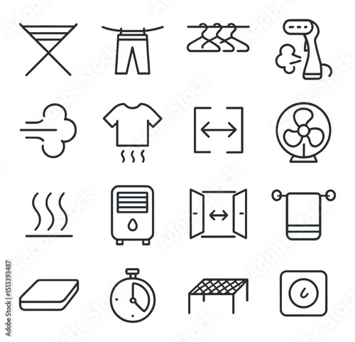 Laundry and ironing linear icon collection. washing, drying, and cleaning essentials