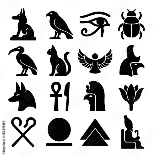 Ancient egypt silhouette icon collection. egyptian symbols and hieroglyphs design set