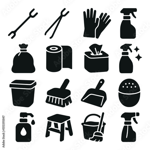 Cleaning tools silhouette icon collection. housekeeping and sanitation symbols set