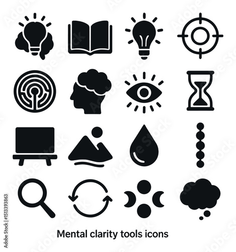 Mental clarity tool icon collection in silhouette, mindful and cognitive symbols set