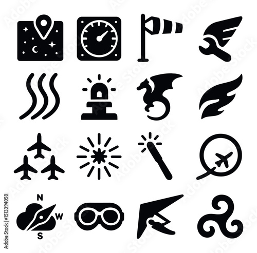 Weather and aviation silhouette icon collection. forecast and flight symbols set