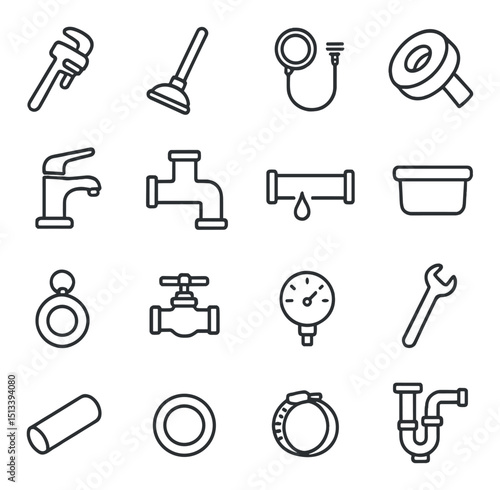 Plumbing linear style icon collection for repair, maintenance, tools and equipment