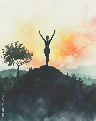Peaceful yoga pose in nature in watercolor with soft sunrise
