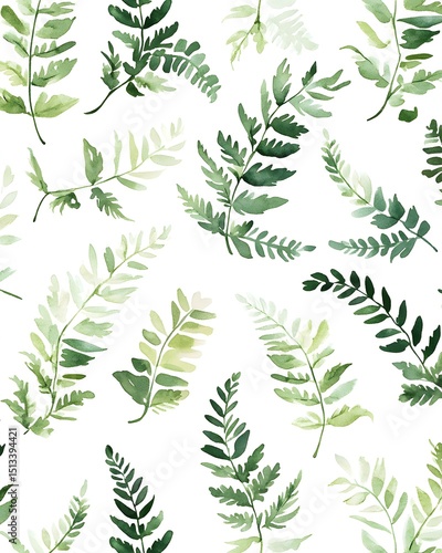 Minimalist watercolor fern leaves on white background
