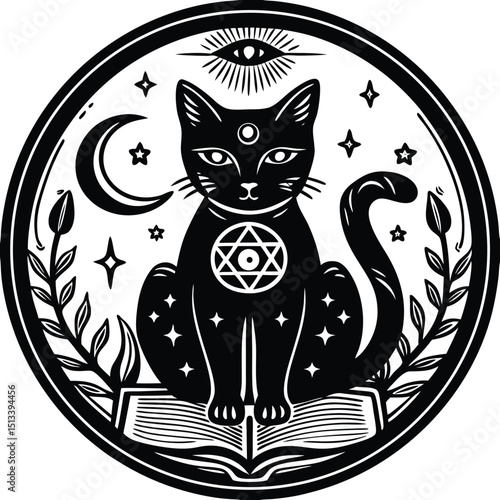 Mystical Cat Silhouette: A captivating circular emblem featuring a black cat with mystical elements such as the all-seeing eye and a pentagram. Embodying both mystery and elegance.