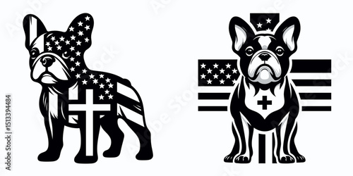 French Bulldog with american flag print on cross. 4th of July Independence Day Patriotic Usa Vector. Canine star-spangled banner decor crucifix pup design.