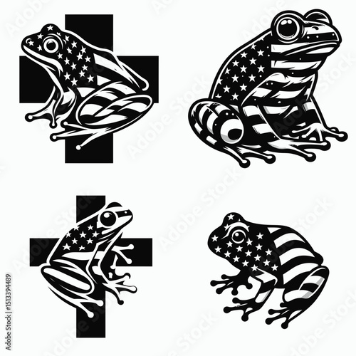 Frog with american flag print on cross. 4th of July Independence Day Patriotic Usa Vector. Amphibian patriot emblem star-spangled banner design holy crucifix art.