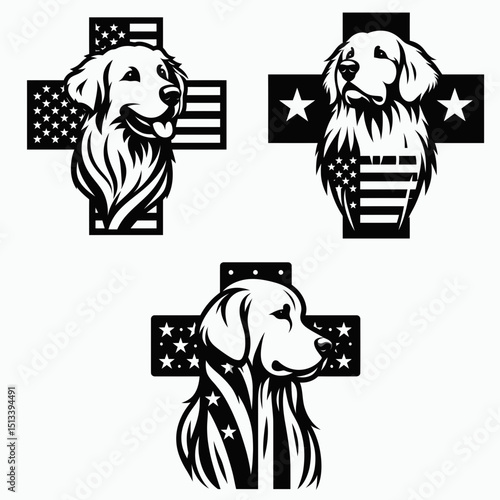 Golden Retriever Dog with american flag print on cross. 4th of July Independence Day Patriotic Usa Vector. Canine pet U.S. banner artwork upon a religious emblem.