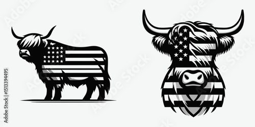 Highland Cow with american flag print on cross. 4th of July Independence Day Patriotic Usa Vector. Bovine banner design upon religious emblem decor art.