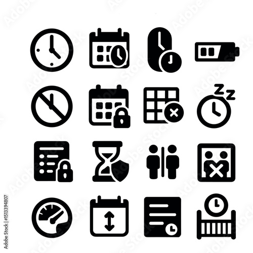 Time management and scheduling icon collection in silhouette style. planning tools set