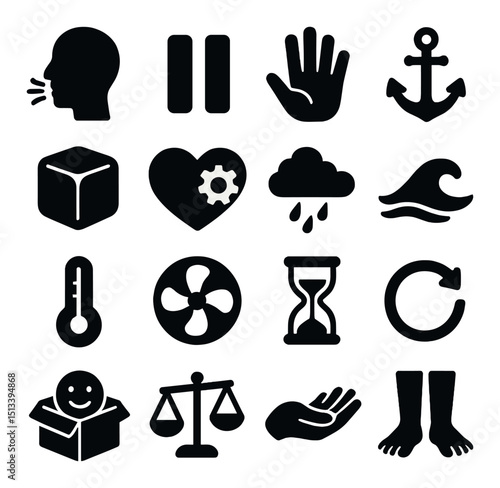 Silhouette icon collection: beach, nautical, and weather symbols in simple style