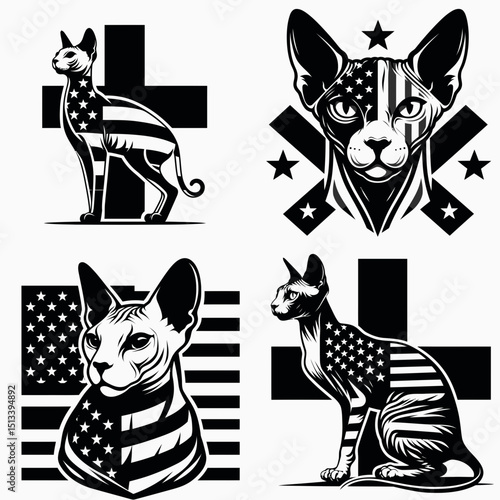 Sphynx Cat with american flag print on cross. 4th of July Independence Day Patriotic Usa Vector. feline crucifix liberty star banner pattern for hairless breed.