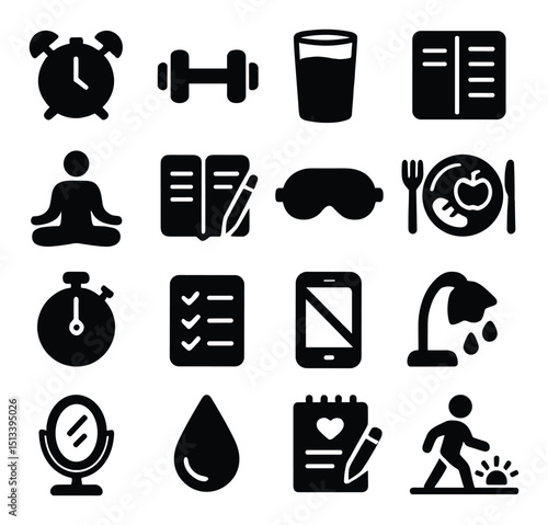 Health and fitness silhouette icon collection. wellness and lifestyle design set