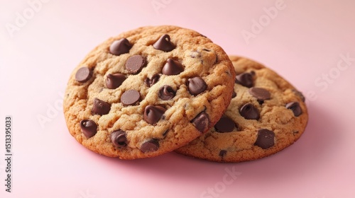 appetizing chocolate chip cookies on soft pink background