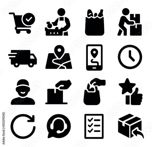 Grocery shopping silhouette icon collection. delivery and retail flat design set