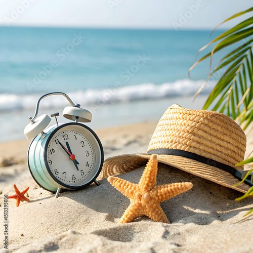 Beach Vacation Time: Alarm Clock, Sun Hat, and Starfish on Sandy Shore on isolated background