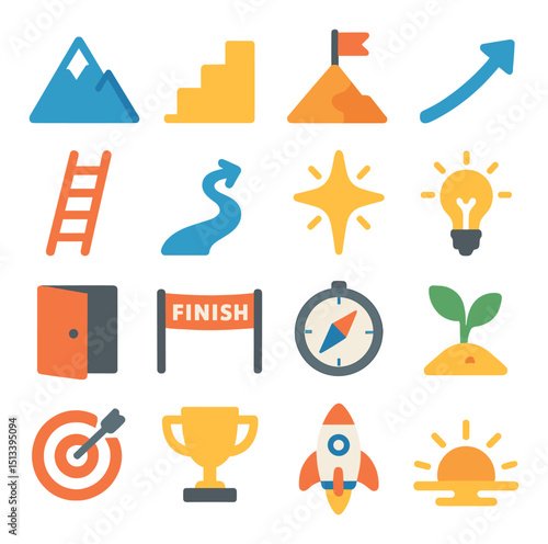 Business growth and success icon collection in flat style. achievements and goals set
