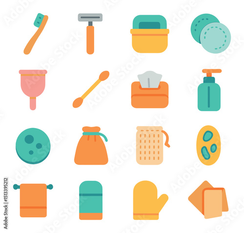 Essential hygiene flat icon collection: sanitary, personal care, wellness symbols set