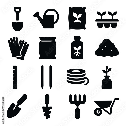 Gardening tools icon collection in silhouette style. farming and horticulture symbols