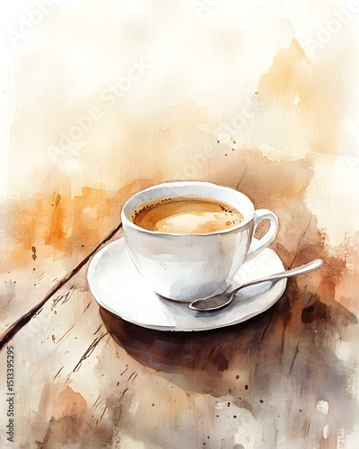 Cozy watercolor coffee cup on rustic table with warm tones