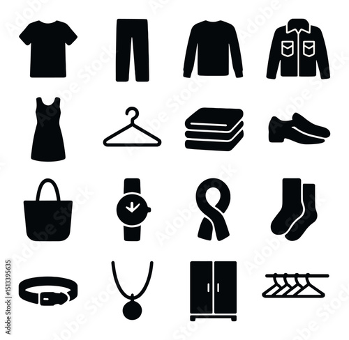 Fashion and clothing silhouette icon collection. apparel and garment design set