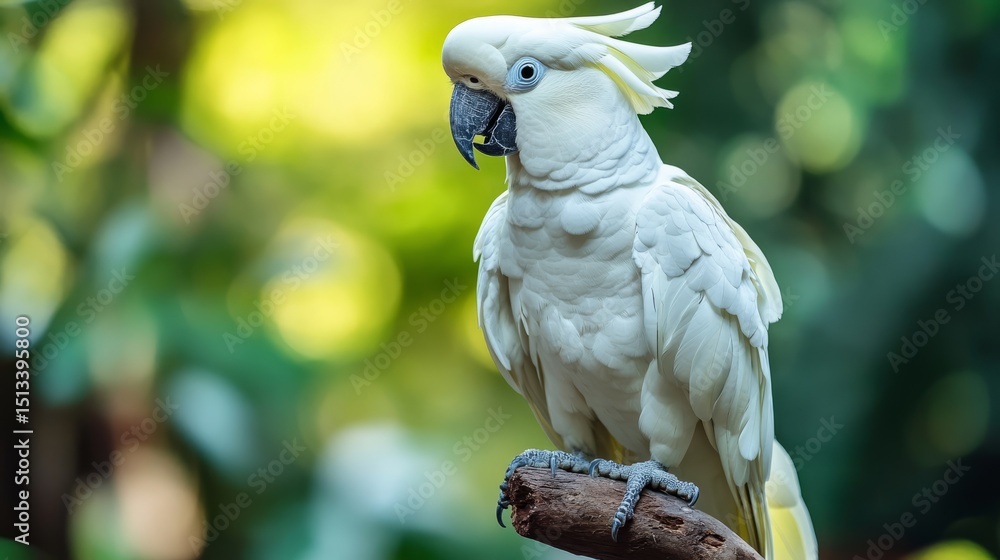 Obraz premium White parrot sitting calmly in urban environment as a pet bird, featuring close-up view of its feathers and beak with city buildings in the background, ideal for exotic pet themes and urban wildlife c