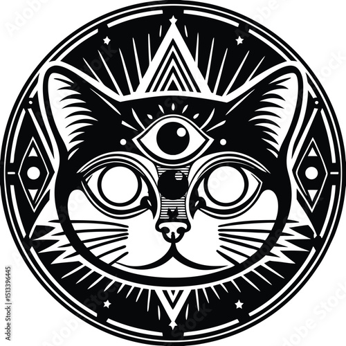 Mystical Cat Emblem: Intricate black and white illustration of a cat's face within a circular emblem, featuring a prominent third eye, radiating a sense of mystery, intuition and spiritual awareness.
