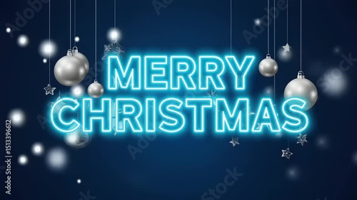 Merry Christmas Neon Sign with Silver Ornaments and Snowflakes