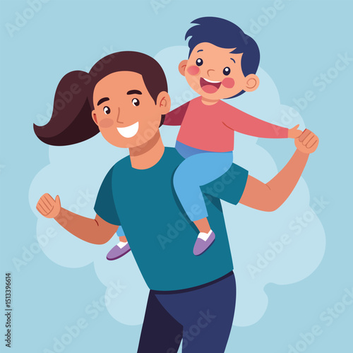 Dad Piggyback Ride with Laughing Kid Vector Illustration