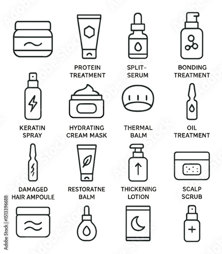 Hair care linear icon set. styling, treatment, and product symbols